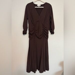 Soft Surroundings V Neck Ruched Midi Dress - Brown